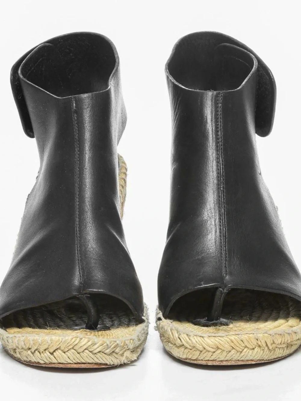 CELINE Black Leather Open-Toe Thong Espadrille Wedge Sandal 37